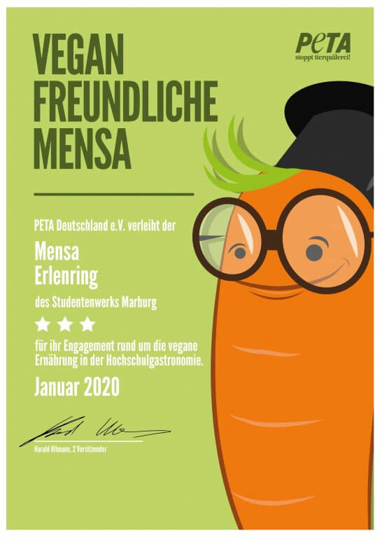 Urkunde PETA Urkunde PETA, veganfreundlhce Mensa
